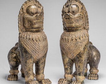 Antique Khmer Style Bronze Temple Guardians or Lions (Pair) - 72cm/29&quot;