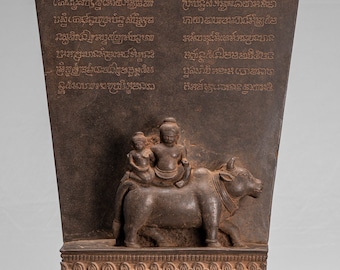 Antique Baphuon Style Stone Khmer Sanskrit Stele with Nandi - 72cm / 29"