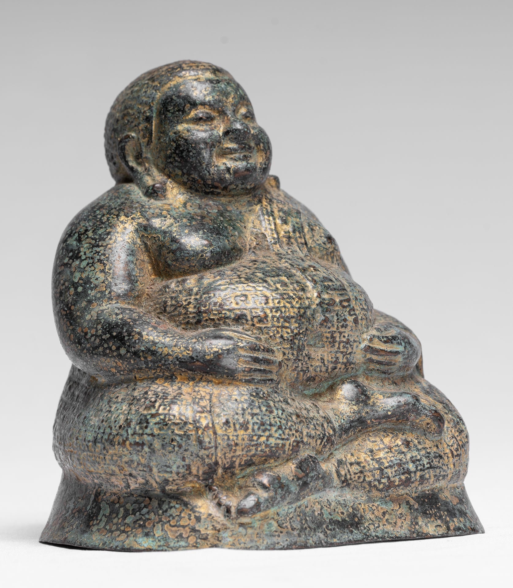 骨董　アンティーク　クメール　仏頭　ブッダ　Buddha head 仏像　石仏 仏像 - アンティーク クメール スタイル ブロンズ 幸せで太った笑って