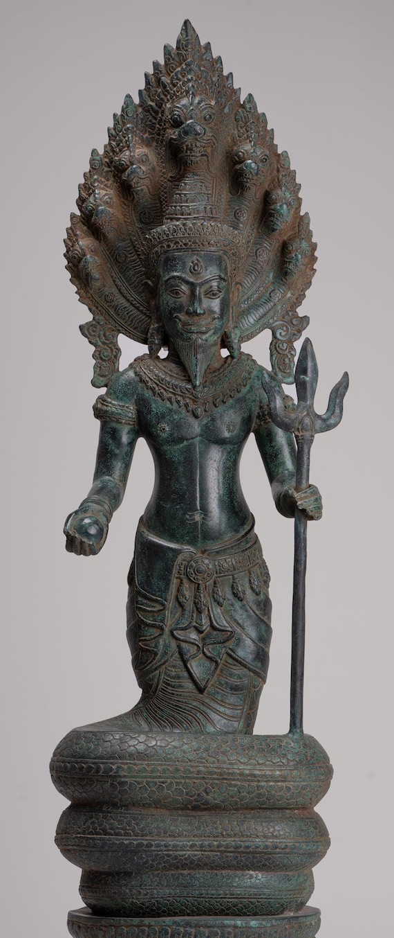 Naga Statue - Antique Khmer Style Bronze Protective 'kaundinya I