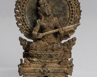 Tara Statue - Antique Java Style Majapahit Seated Bronze Devi Tara Statue - 14cm/6"