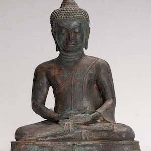 Buddha Statue - Antike thailändische Stil sitzende Bronze Dvaravati Meditation Buddha Statue - 29 cm