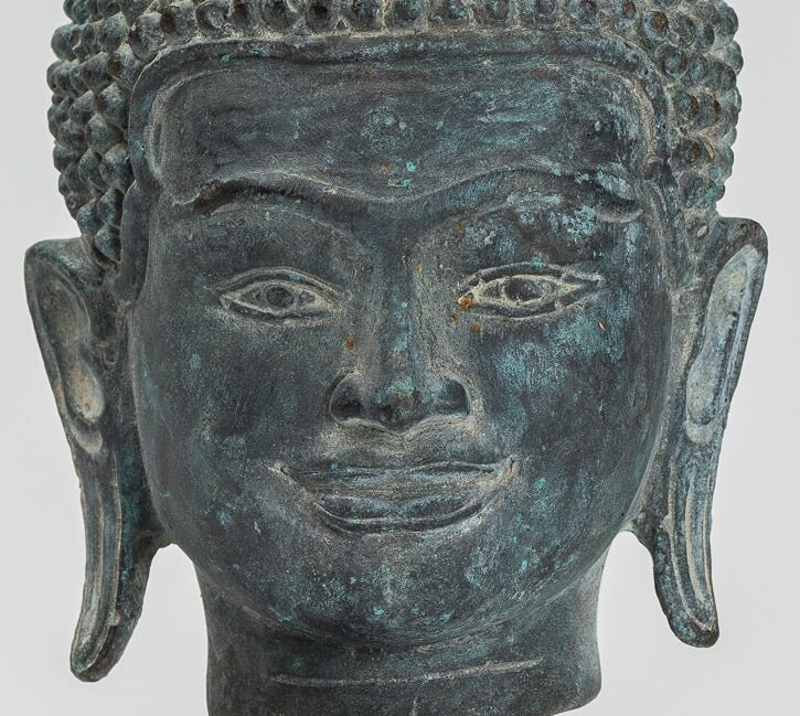 仏像 - アンティーク クメール スタイル ブロンズ 蓮の花 仏頭 - 22 cm