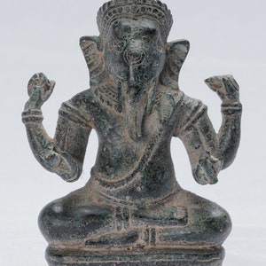 Ganesha Statue - Antique Khmer Style Seated Bronze Bayon Ganesh Statue - 18cm/7&quot;