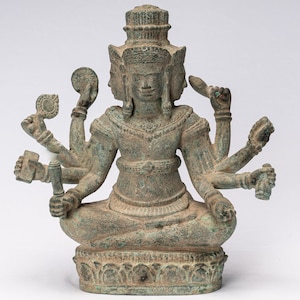 Brahma Statue - Antique Khmer Style Bronze 8 Arm Bayon Brahma - Hindu God Creation - 31cm/12&quot;