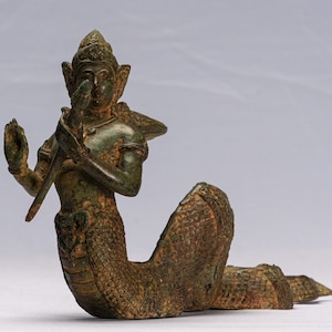 Antique Thai Style Bronze Female Deity with Naga Tail Statue   18cm/7&quot;