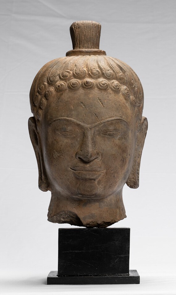 骨董　アンティーク　クメール　仏頭　ブッダ　Buddha head 仏像　石仏 Antique Buddha Statue - Antique 7th Century Style Khmer Stone