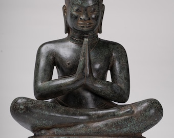 Antique Khmer Style Bronze Meditation Jayavarman VII Statue - 38cm/15"