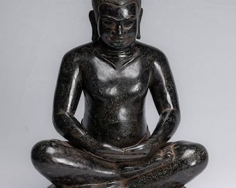 Antique Khmer Style Seated Bronze Meditation Jayavarman VII Statue - 42cm/17"