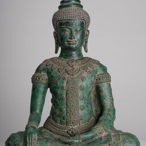 Buddha Statue - Antique Khmer Style Bronze Seated Enlightenment Buddha Statue - 37cm/15&quot;