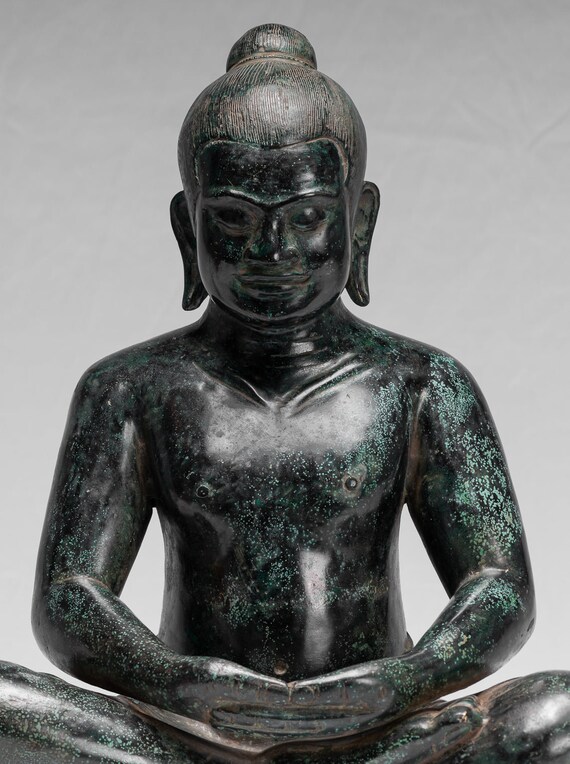 Antique Khmer Style Seated Bronze Meditation Jayavarman VII Statue