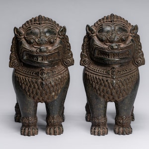 Temple Lion - Antique Khmer Style Bronze Standing Temple Guardian or Lion - 31cm/12&quot;
