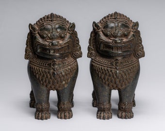 Temple Lion - Antique Khmer Style Bronze Standing Temple Guardian or Lion - 31cm/12&quot;
