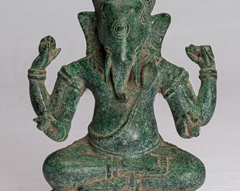 Ganesha Statue - Antique Khmer Style Seated Bronze Bayon Ganesh Statue - 18cm/7"