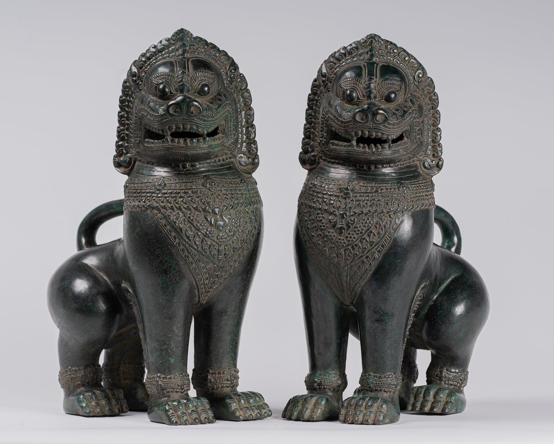 Temple Lions - Antique Khmer Style Bronze Standing Temple
