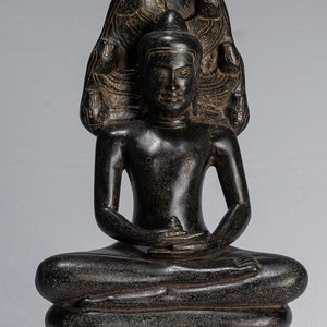 Buddha Statue - Antike Khmer Stil Bronze Sitzende Meditation Naga Buddha Statue - 42cm
