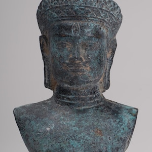 Antique Khmer Style Bronze Mounted Bakheng Shiva Head Statue - 24cm/10&quot;