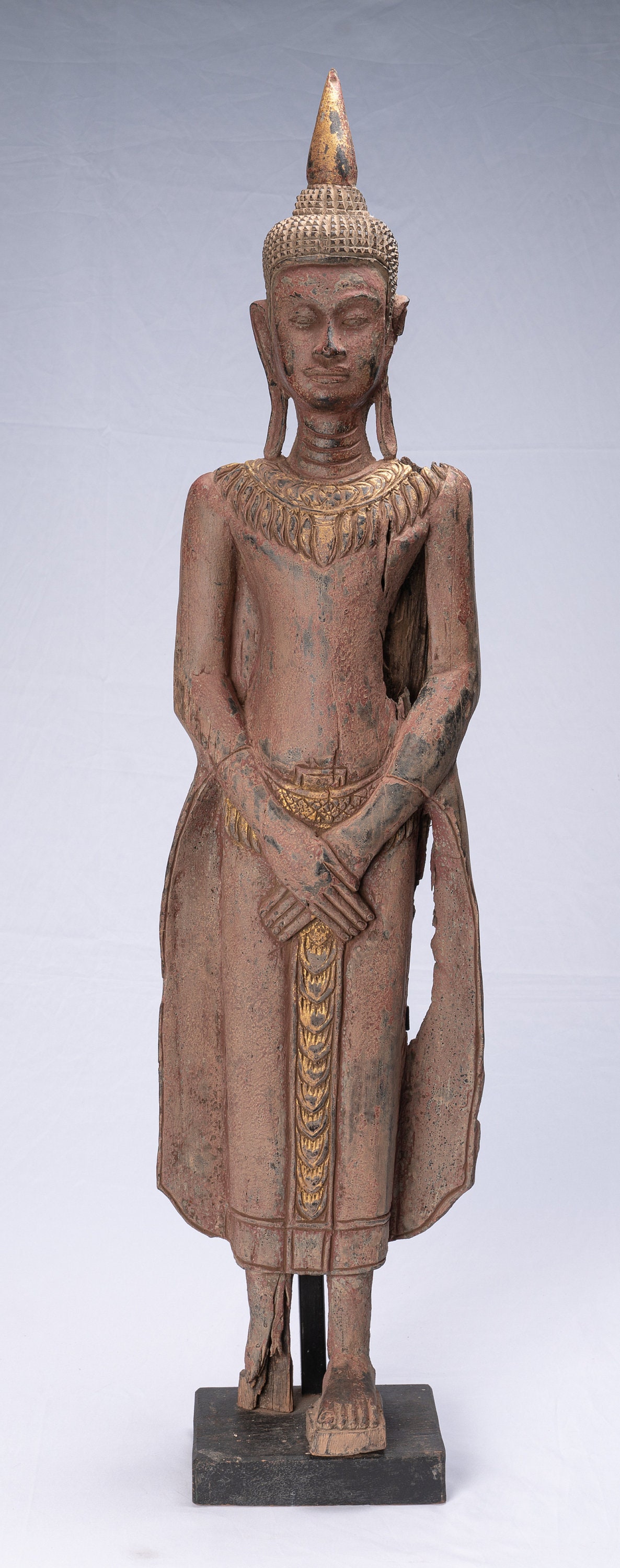 Buddha Statue - Antique Khmer Style Wood Standing Thoughtful Sunday Buddha Statue - 98cm/39"