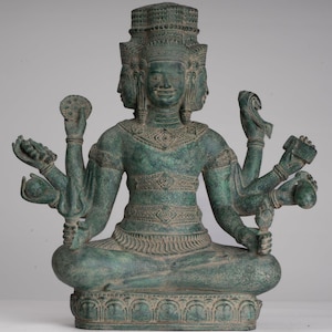 Brahma Statue - Antique Khmer Style Bronze 8 Arm Bayon Brahma - Hindu God Creation - 40cm/16&quot;