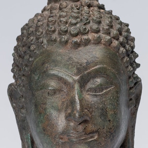 Buddha Head - Antique Thai Style Chiang Saen Mounted Bronze Buddha Head - 16cm/6&quot;