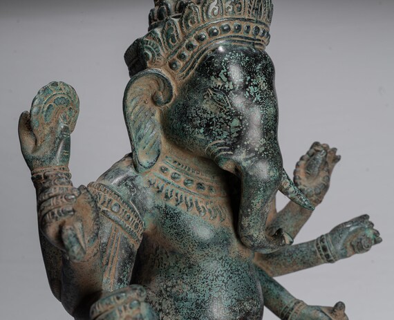 Ganesha Statue - Antique Khmer Style Mounted Standing Bronze