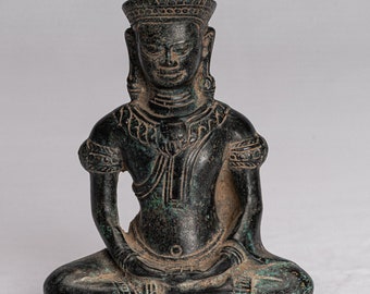 Buddha Statue - Antique Khmer Style Bronze Meditation Bayon Buddha Statue - 14cm/6"