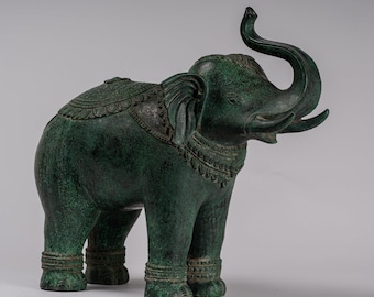 Antique Khmer Style Bronze Standing Trumpeting Elephant Statue - 38cm/15&quot; Tall