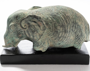 Antique Khmer Style Verdigris Bronze Abstract Elephant Statue - 21cm/8.5”