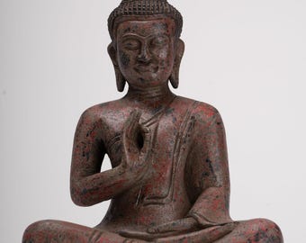 Estatua de Buda - Estatua de Buda sentado de madera estilo jemer antiguo de Camboya enseñando mudra - 27 cm/11"