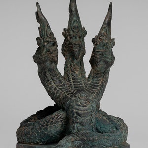 Antique Thai Style Bronze Protective Three Headed Naga, Snake or Serpent Statue - 30cm/12&quot;