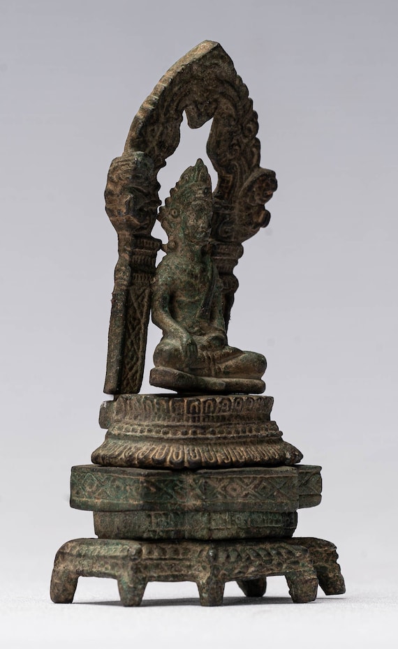 仏像 - アンティーク クメール スタイル ブロンズ 玉座に座る悟りの