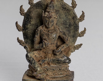 Tara Statue - Antique Java Style Majapahit Seated Bronze Devi Tara Statue - 10.5cm/4"