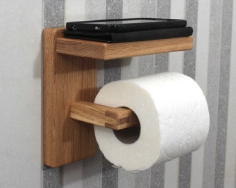 Support de papier toilette en bois de chêne avec étagère, support de rouleau de toilette en chêne Décor de salle de bain minimal