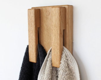 Oak Wood Wall Hook for 2 towels, Wooden Bathroom Towel Holder, Minimal Home Decor Kitchen Towel Rack