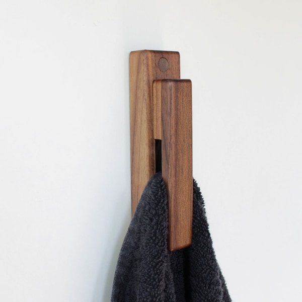 Set of 2 Wood Wall Hook NEW DESIGN with screws, Walnut Wooden Bathroom Towel Holder, Minimal Home Decor Kitchen Towel Rack set of 2