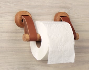 Toilet paper holder with leather straps, oak wood