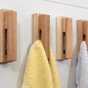 Oak Wood Towel Holder Set of 4 Minimal Bathroom Wall Hooks
