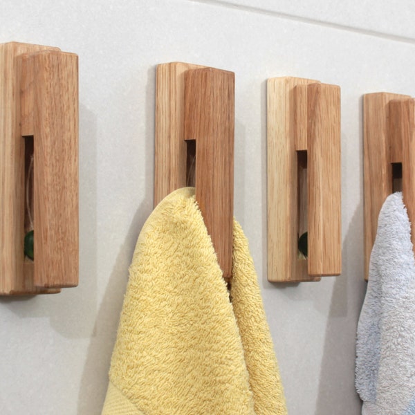 Oak Wood Towel Holder Set of 4 - Eco Friendly Wooden Gift Minimal Bathroom Wall Hooks