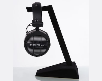 Handmade Minimalist Wood Headphone Stand with Deep Matte Black Flocked Surface