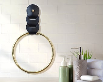 Hand towel ring, Gold metal ring and leather strap towel holder, Modern bathroom decor. tea towel holder