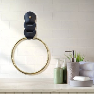 Hand towel ring, Gold metal ring and leather strap towel holder, Modern bathroom decor. tea towel holder image 1