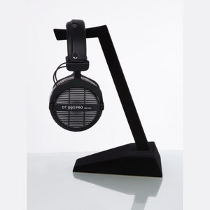 Handmade Minimalist Wood Headphone Stand with Deep Matte Black Flocked Surface image 1