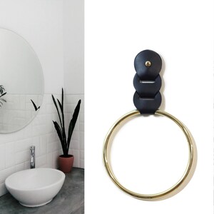 Hand towel ring, Gold metal ring and leather strap towel holder, Modern bathroom decor. tea towel holder image 4