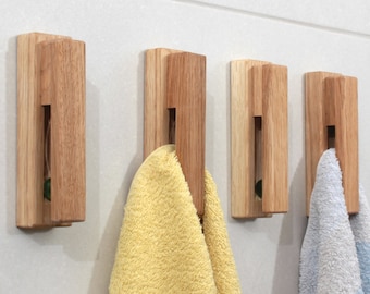 Oak Wood Towel Holder Set of 4 - Eco Friendly Wooden Gift Minimal Bathroom Wall Hooks