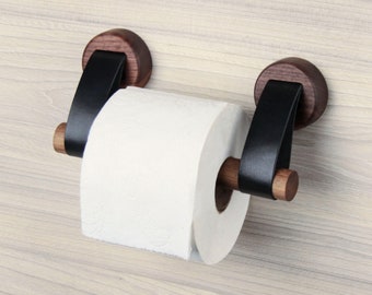 Walnut wood toilet paper holder with leather straps