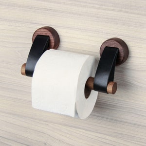 Walnut wood toilet paper holder with leather straps