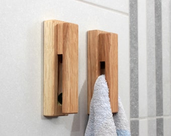 Oak Wood Wall Hook, Wooden Bathroom Towel Holder, Minimal Home Decor Kitchen Towel Rack set of 2