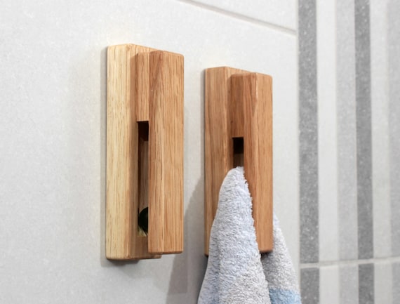 Oak Wood Wall Hook, Wooden Bathroom Towel Holder, Minimal Home Decor Kitchen  Towel Rack Set of 2 