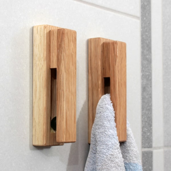 Oak Wood Wall Hook, Wooden Bathroom Towel Holder, Minimal Home Decor Kitchen Towel Rack set of 2