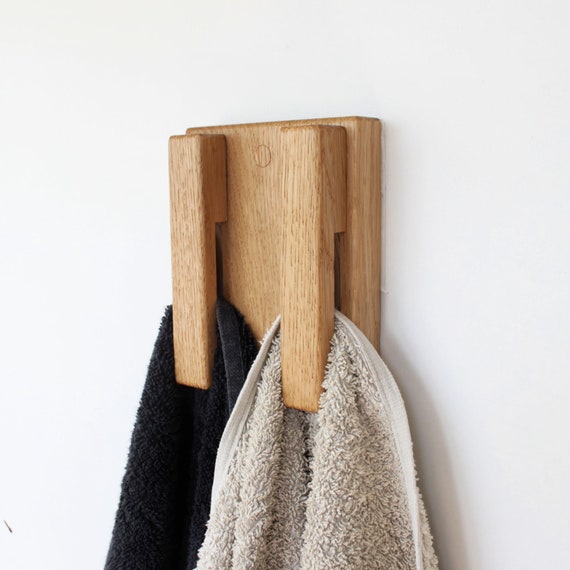 Oak Wood Wall Hook, Wooden Bathroom Towel Holder, Minimal Home Decor Kitchen  Towel Rack Set of 2 